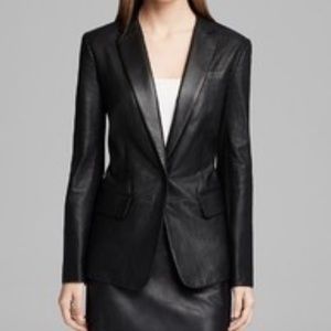 DKNY Black Leather Perforated Notch Collar Blazer Jacket Size 2